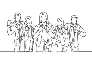 One continuous line drawing group of businessman and businesswoman line up celebrates their successful project while fist hands. Business teamwork concept single line draw design vector illustration