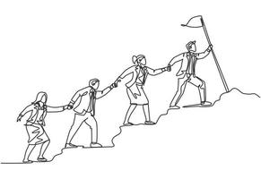 One continuous line drawing of male and female team member stick together follow their leader who holds flag to reach the top of the hill. Teamwork concept single line draw design vector illustration