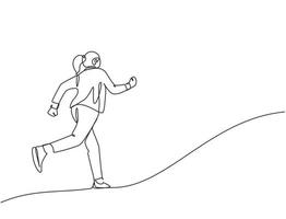 One continuous single line drawing of young happy energetic businesswoman doing running exercise to reach finish line, from rear view. Business race concept single line draw design vector illustration