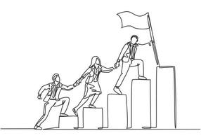 Single continuous line drawing of team members holding hands together following their leader who hold flag climbing up stairs step by step. Teamwork concept one line draw design vector illustration