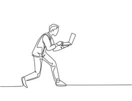 One continuous single line drawing of young rush male worker typing on laptop while he does sprint run go to office. Deadline business work concept single line draw design vector graphic illustration