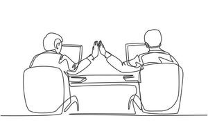 One continuous line drawing of two young happy business men high five when they knew the project running smoothly. Trendy business teamwork concept single line draw design graphic vector illustration