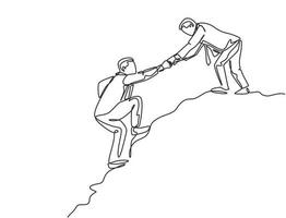 Single continuous line drawing of young male energetic businessman holding hands his partner to help climbing the hill. Trendy teamwork support concept one line draw graphic design vector illustration