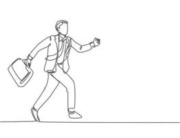 Single continuous single line drawing of young urban commuter worker running in rush at city street to get to the office on time. Business race concept one line draw design vector graphic illustration