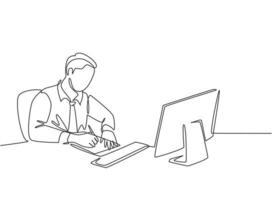 One continuous line drawing of young pensive businessman writing on a sheet of paper and staring at monitor screen at work desk. Business letter concept single line draw design vector illustration