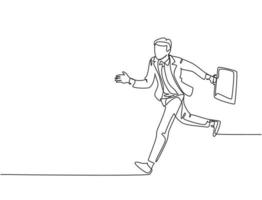 Single continuous single line drawing of young urban commuter worker running in rush at city road to get to the office on time. Urban employee in hurry concept one line draw design vector illustration