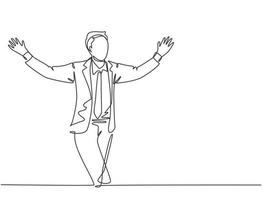 Single continuous single line drawing of young happy male manager running and open his hands after cross the finish line. Business race competition concept one line draw design vector illustration