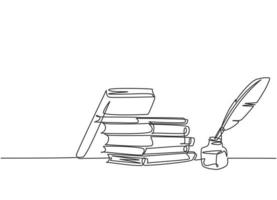 Single continuous line drawing of stack of books, ink and quill pen on the office desk. Old antique writing equipment concept. Modern one line draw design vector graphic illustration