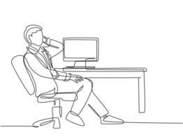 Single continuous line drawing of young male director sitting on work chair and calling his managers in front of computer. Business talk concept one line draw design vector graphic illustration