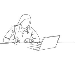 One continuous line drawing of young serious female worker sitting pensively while watching laptop screen at work desk. Business analyze concept. Single line draw graphic design vector illustration