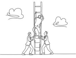 One continuous line drawing of team members support their leader to climb the ladder to reach the sky to reach the success. Trendy business teamwork concept single line draw design vector illustration