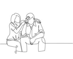 Single continuous line drawing of young female worker hugging and cheering her sad and despair office friend. Work partner support concept. Trendy one line draw design vector graphic illustration