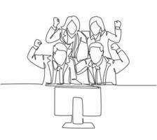 One continuous line drawing about group of marketing team celebrating and hugging each other for their successful goal achievement. Work celebration concept single line draw design vector illustration