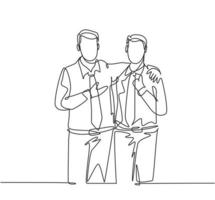 One single line drawing of young happy businessmen hugging each other to show support when meeting at the office. Business friendship concept continuous line draw design graphic vector illustration