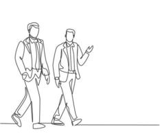 One single line drawing of young businessmen walking together colleague on city street discussing work to go to the office. Urban commuter workers concept. Continuous line draw design illustration vector