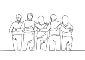 Single continuous line drawing about group of men and woman from multi ethnic standing and hugging together to show their unity bonding. Friendship concept one line draw design vector illustration