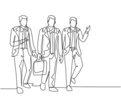 One continuous line drawing of young happy male sales managers walking together and discussing new selling strategy. Urban commuter workers concept single line graphic draw design vector illustration