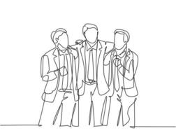 One single line drawing of three young male employee standing together and hugging each other while meeting at the office. Business friendship concept continuous line draw design vector illustration