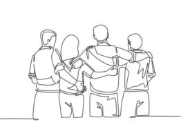 Single continuous line drawing about group of men and woman from multi ethnic standing and hugging together to show their unity bonding. Friendship concept one line draw design vector illustration