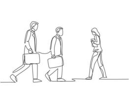 Single continuous line drawing of group urban commuters walking pass over and over again on city street go to the office. Urban commuter workers concept one line draw design vector illustration