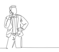 One continuous line drawing of young male business owner get a phone call from his supplier to tell supply delivery schedule. Business call concept. Single line draw design vector illustration