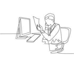 One single line drawing of young startup founder reading company annual report on tablet and calling team member to confirm. Report validation concept continuous line draw design vector illustration