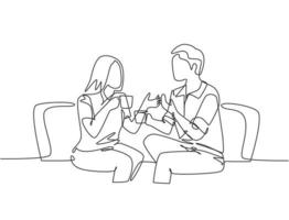 One continuous line drawing of young male and female worker chatting together while drink a cup of coffee during office break. Rest break at work concept single line draw design vector illustration