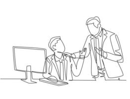 One single line drawing of young manager take a talk to teach new employee about finishing the job during working at office. Work tutor concept continuous line draw design graphic vector illustration