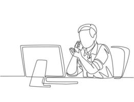 One continuous line drawing of young furious business man pointing finger while calling staff on phone at the office. Business call direction concept. Single line draw design vector illustration