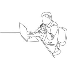 One continuous line drawing of young programmer take a phone call using analog phone to ask coding language to his friend at the office. Programming concept single line draw design vector illustration