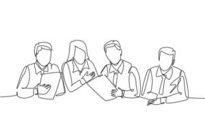 One single line drawing of young modern male and female startup member siting and talking together corporate project at the office. Business meeting continuous line draw design vector illustration