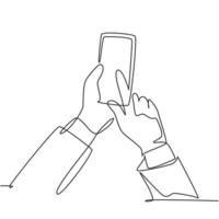 One continuous line drawing of gesture hands holding and touch the screen of smartphone to finish transaction on online shop. Gadget device concept single line draw design graphic vector illustration