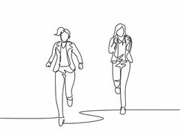 One single line drawing of young female workers try to beat each others at running competition with her friend. business running competition concept continuous line draw design vector illustration