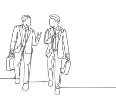 un dibujo de una sola línea de dos jóvenes empresarios de la empresa que dan un paseo y hablan juntos después de una reunión de la empresa. Concepto de conversación de negocios línea continua dibujar diseño gráfico ilustración vectorial vector