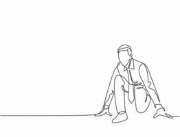 Single continuous single line drawing of young happy businessman get ready to sprint run on running track, from front view. Business race competition concept one line draw design vector illustration