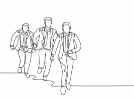 Single continuous single line drawing group of urban commuter workers running to get to the office on time. Urban employee in a rush concept. Modern one line draw design vector graphic illustration