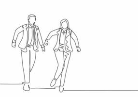 One continuous single line drawing of young male and female manager join run competition on running track to reach finish line. Business sprint race concept single line draw design vector illustration