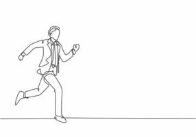 Single continuous single line drawing of young happy businessman opens his hands after running cross the finish line, from side view. Business race concept one line draw design vector illustration