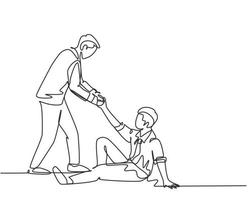 One single line drawing of young happy business man helping his bankrupt partner who lay down on the ground to support to rise up. Teamwork concept continuous line draw design vector illustration