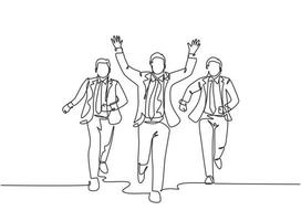 One single line drawing of young  male worker rise fist to the air after winning cross the finish line beating his partners. Running competition concept continuous line draw design vector illustration