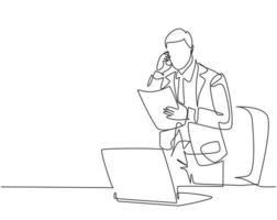 Single continuous line drawing of young marketing manager reading sales report from sales division during receiving a phone call. Company report concept one line draw design vector illustration