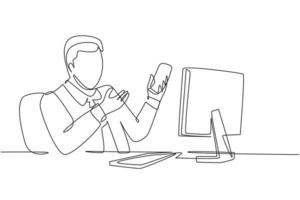 One continuous line drawing of young happy manager holding smartphone while introduce company culture and environment to his new staff. Trendy single line draw graphic design vector illustration