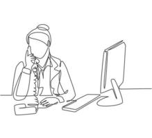 One continuous line drawing of young female employee receiving complain call from furious customer with calm and relax. Customer service excellent concept single line draw design vector illustration