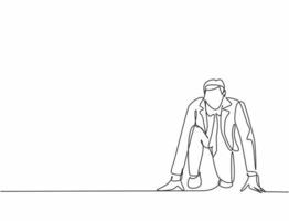 One continuous single line drawing of young happy businessman gets ready to doing sprint run on running track, from front view. Business race concept trendy single line draw design vector illustration