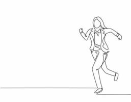 Single continuous single line drawing of young woman urban commuter worker running in rush at city road to get to the office on time. Employee in hurry concept one line draw design vector illustration