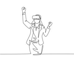 Single continuous line drawing of young happy businesswoman celebrates his successful finishing business simulation. Virtual reality game player concept one line draw design vector illustration