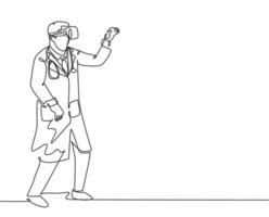 Single continuous line drawing of young happy male doctor ready to catch something while playing business simulation game. Virtual reality game player concept one line draw design vector illustration