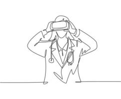 One single line drawing of young happy female doctor looking digital visual data using virtual reality goggles. Smart technology game player concept continuous line draw design vector illustration