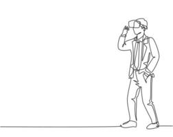 One continuous line drawing of young happy businessman ready to play virtual reality game simulation. Modern futuristic video game concept single line draw design graphic vector illustration