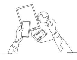 Single continuous line drawing of hand holding smartphone and a cup of coffee beside calculator and tablet on desk. Office equipment concept. Modern one line draw design vector graphic illustration